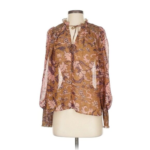 Anthropologie OPT Metallic Boho Peasant Top Small Olive Green Pink Floral - Picture 7 of 7